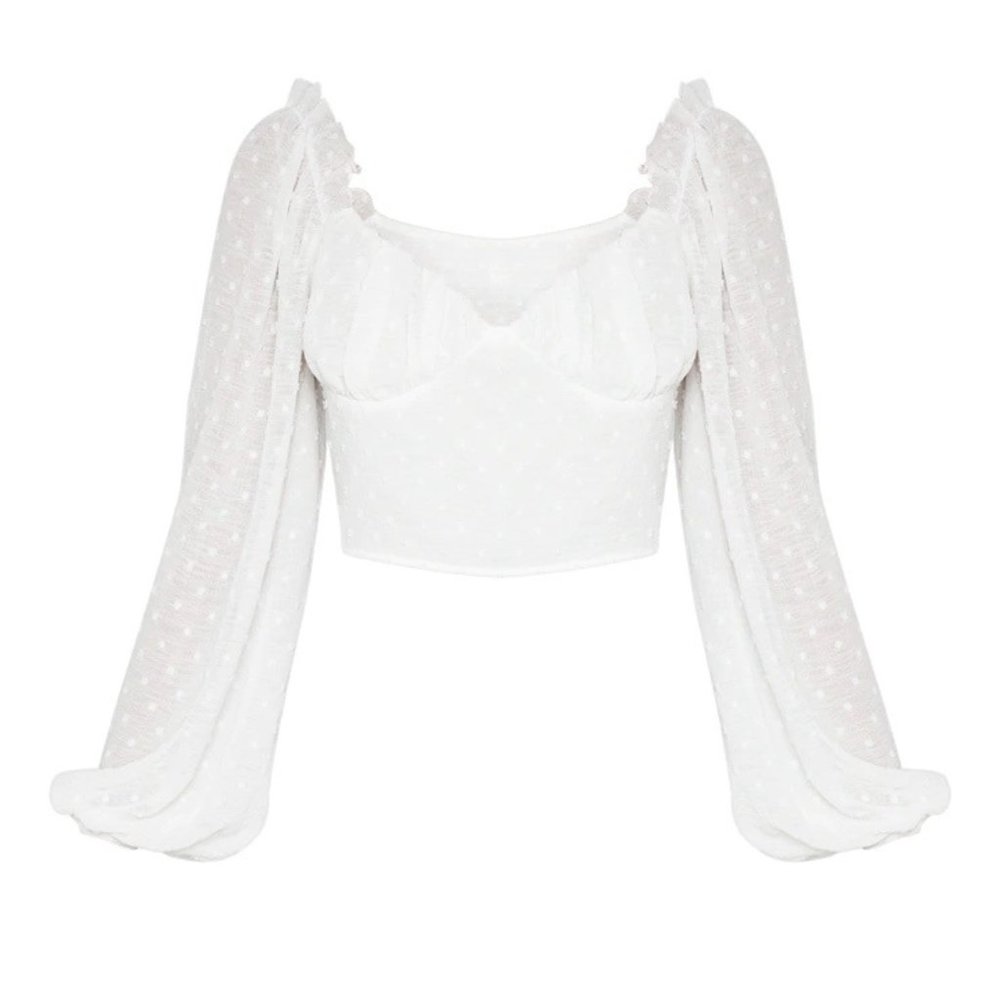 PrettyLittleThing White Dobby Mesh Cup Detail Long Sleeve Crop Top, US 2